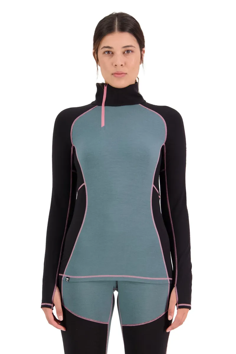 Mons Royale Olympus Half Zip Womens Baselayer Top - Burnt Sage/Black-1