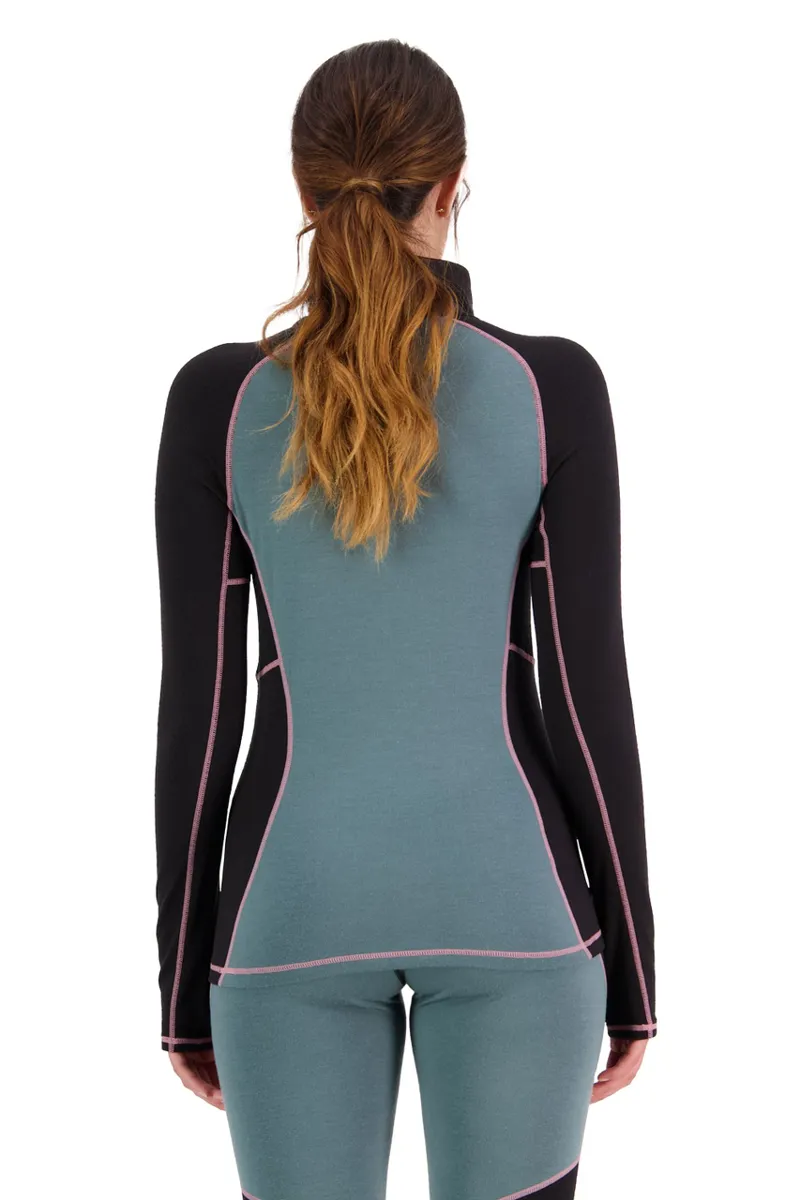 Mons Royale Olympus Half Zip Womens Baselayer Top - Burnt Sage/Black-2