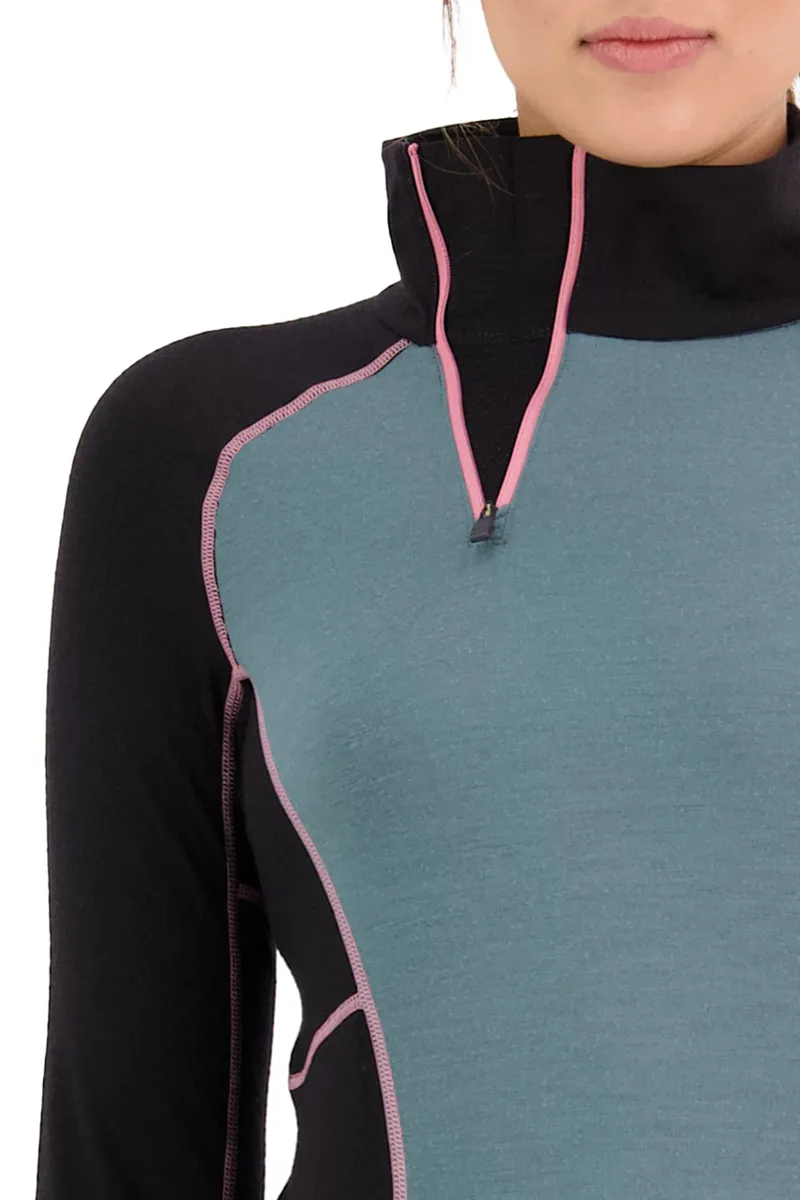 Mons Royale Olympus Half Zip Womens Baselayer Top - Burnt Sage/Black-3