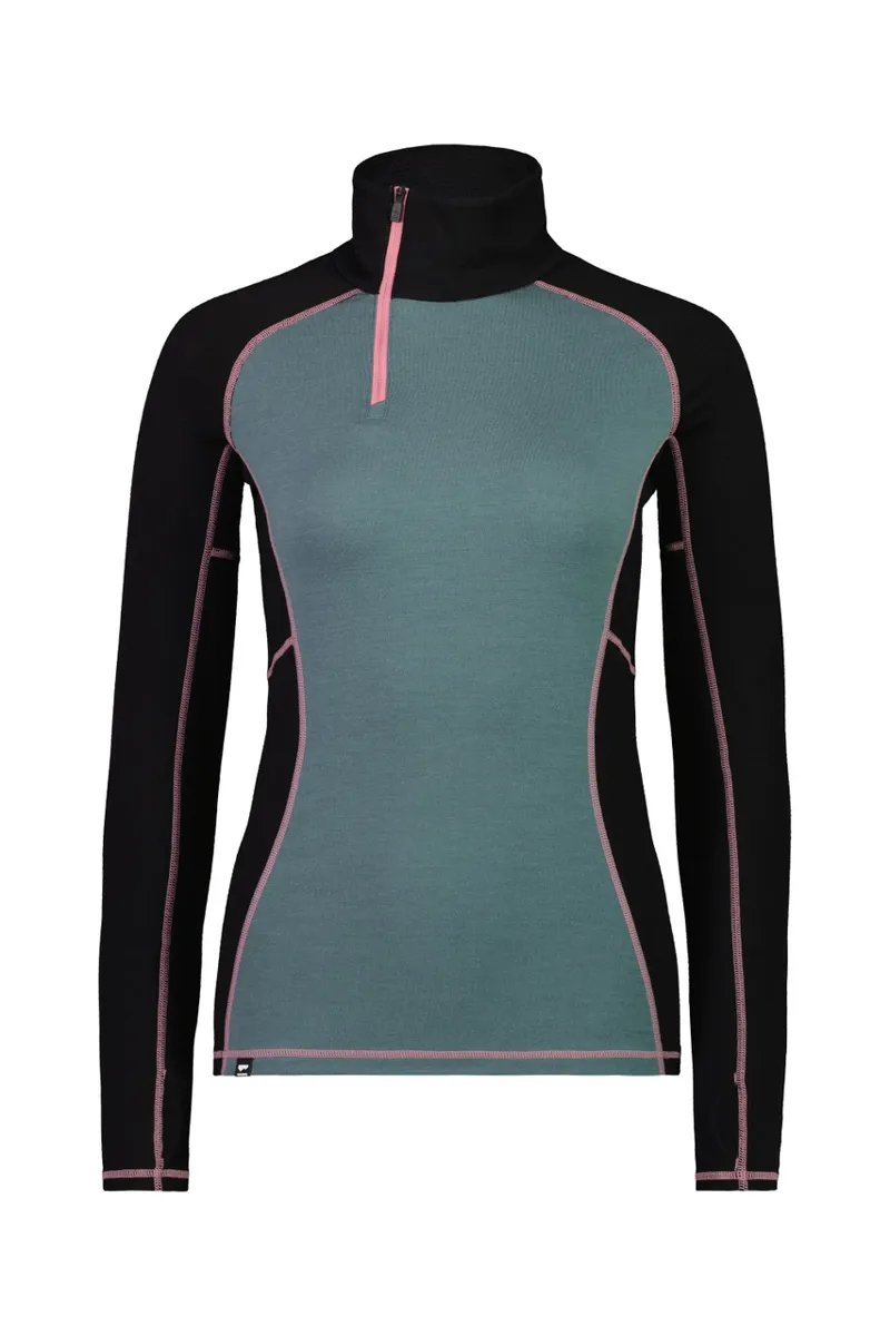 Mons Royale Olympus Half Zip Womens Baselayer Top - Burnt Sage/Black