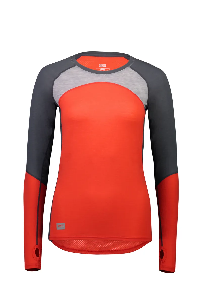Mons Royale Womens Bella Tech L/S Baselayer Top in Poppy/Charcoal