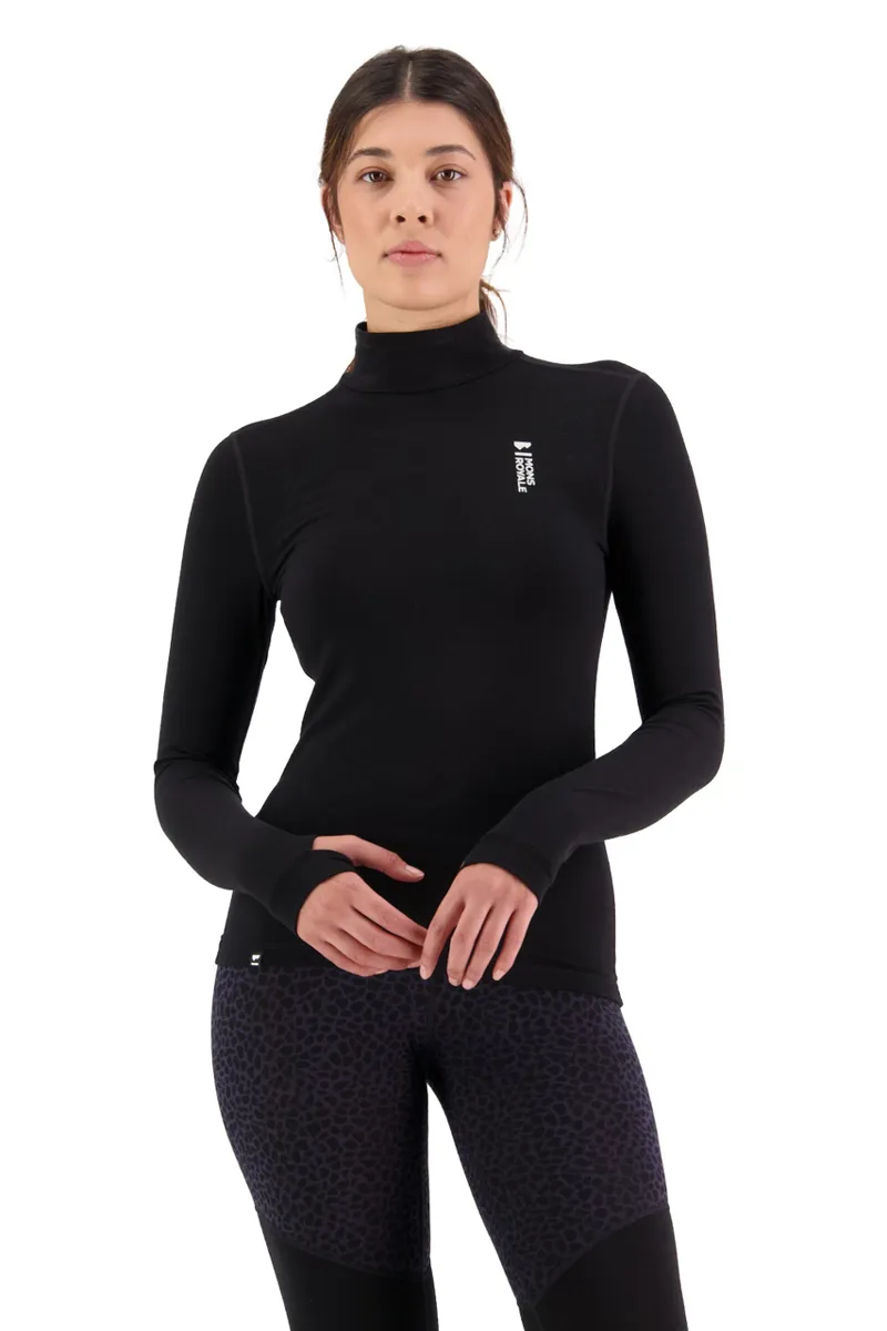 Mons Royale Cascade Flex Mock Neck Womens Baselayer Top - Black-2