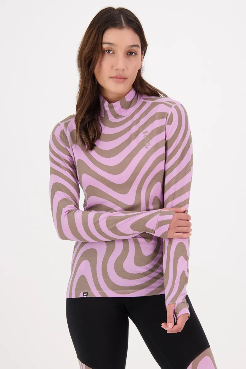 Mons Royale Cascade Flex Mock Neck Womens Baselayer Top -  Blazing Trails-1
