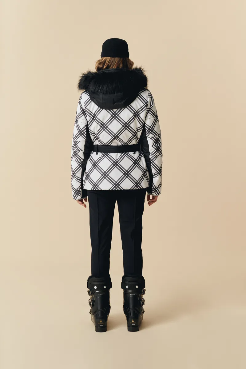 Poivre Blanc Plaid Print Womens Faux Fur Ski Jacket - Cross Black-1