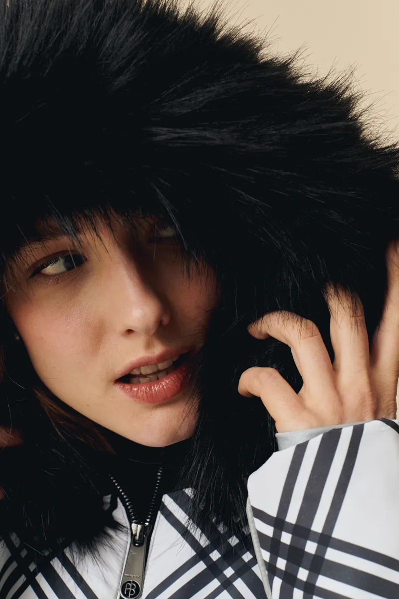 Poivre Blanc Plaid Print Womens Faux Fur Ski Jacket - Cross Black-2