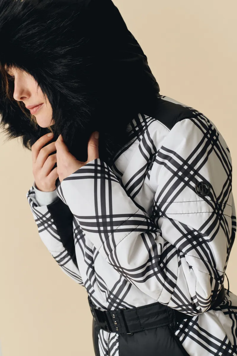 Poivre Blanc Plaid Print Womens Faux Fur Ski Jacket - Cross Black-3