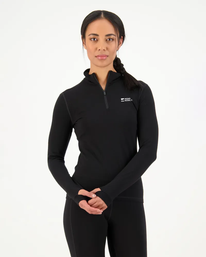 Mons Royale Cascade 1/4 Zip Womens Baselayer Top - Black-2