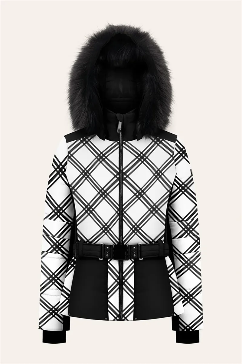 Poivre Blanc Plaid Print Womens Faux Fur Ski Jacket - Cross Black