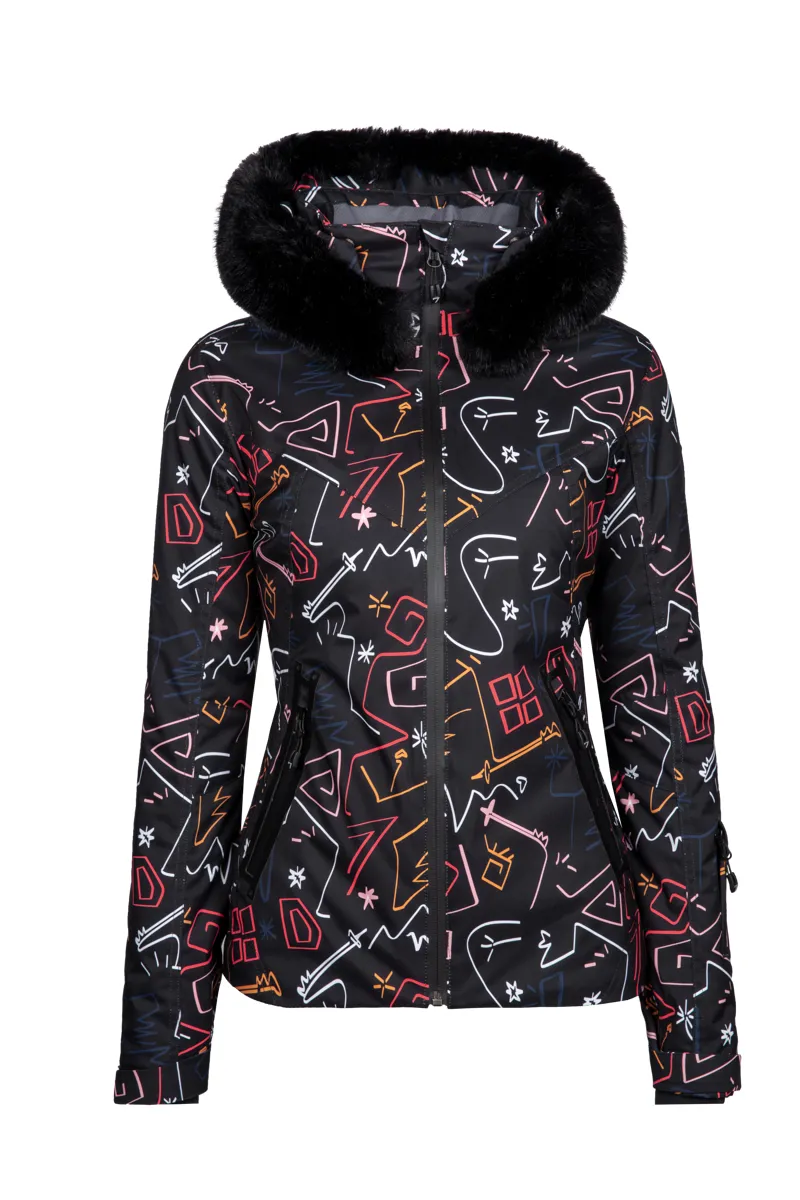 Degre Womens Geod Print Faux Fur Ski Jacket Black Print