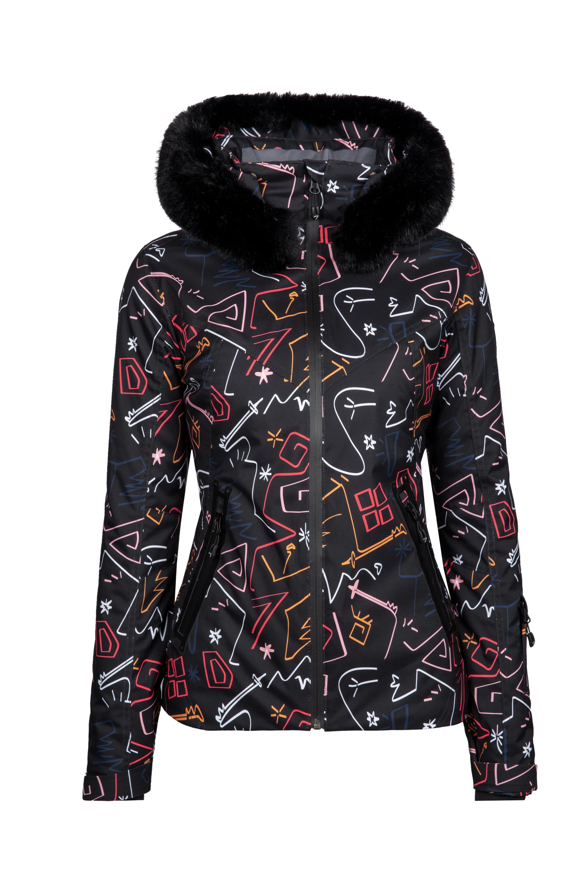 Degre 7 Womens Geod Print Faux Fur Ski Jacket Black Print