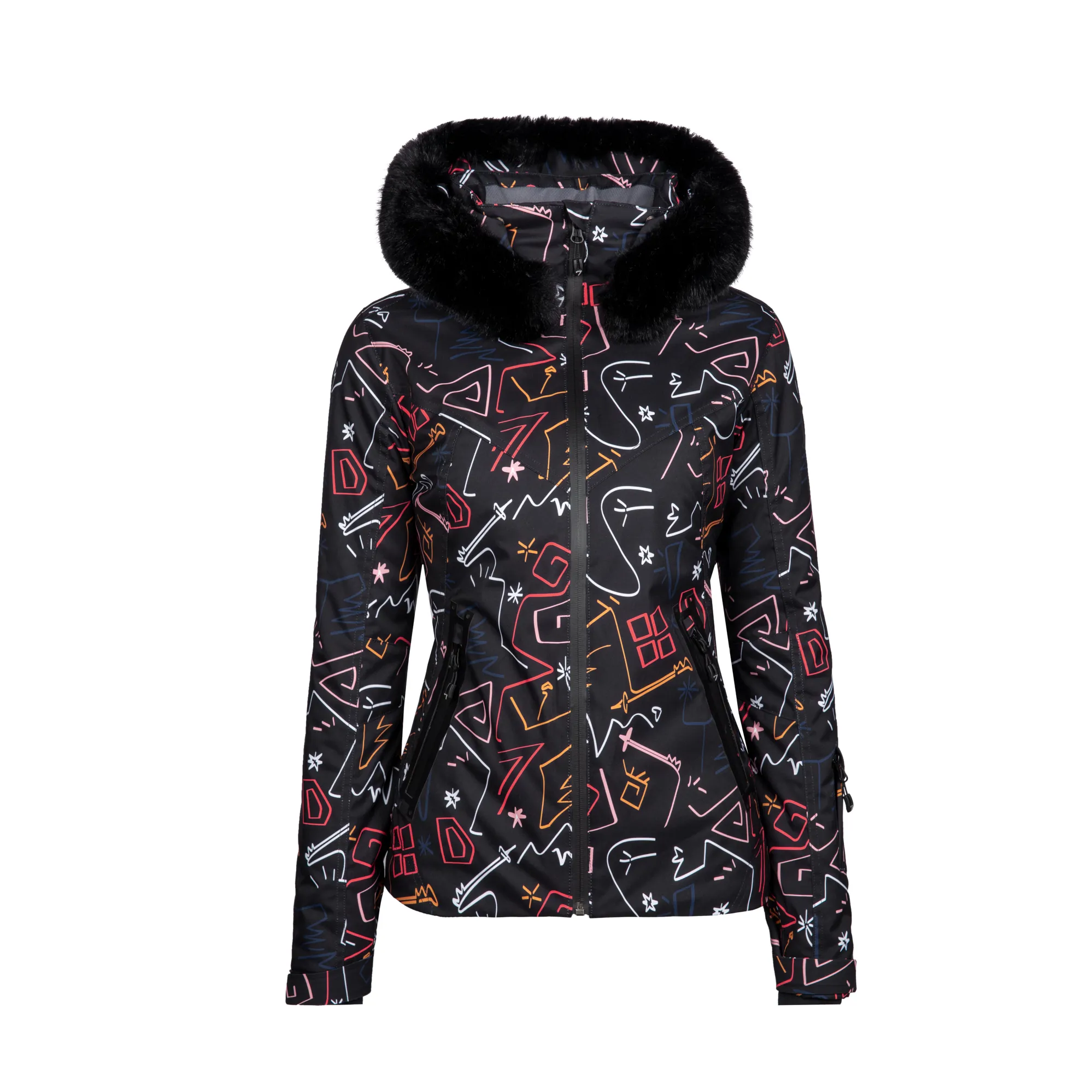 Degre Womens Geod Print Faux Fur Ski Jacket Black Print