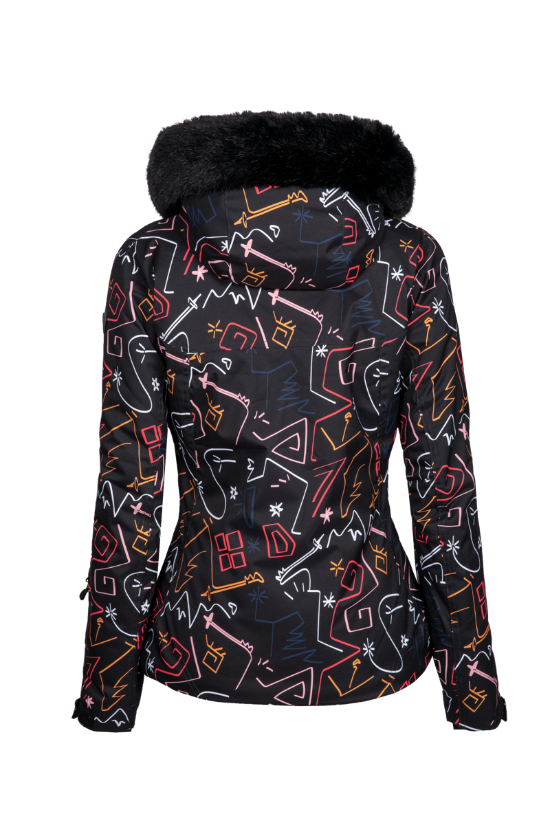 Degre 7 Womens Geod Print Faux Fur Ski Jacket - Black Print-1