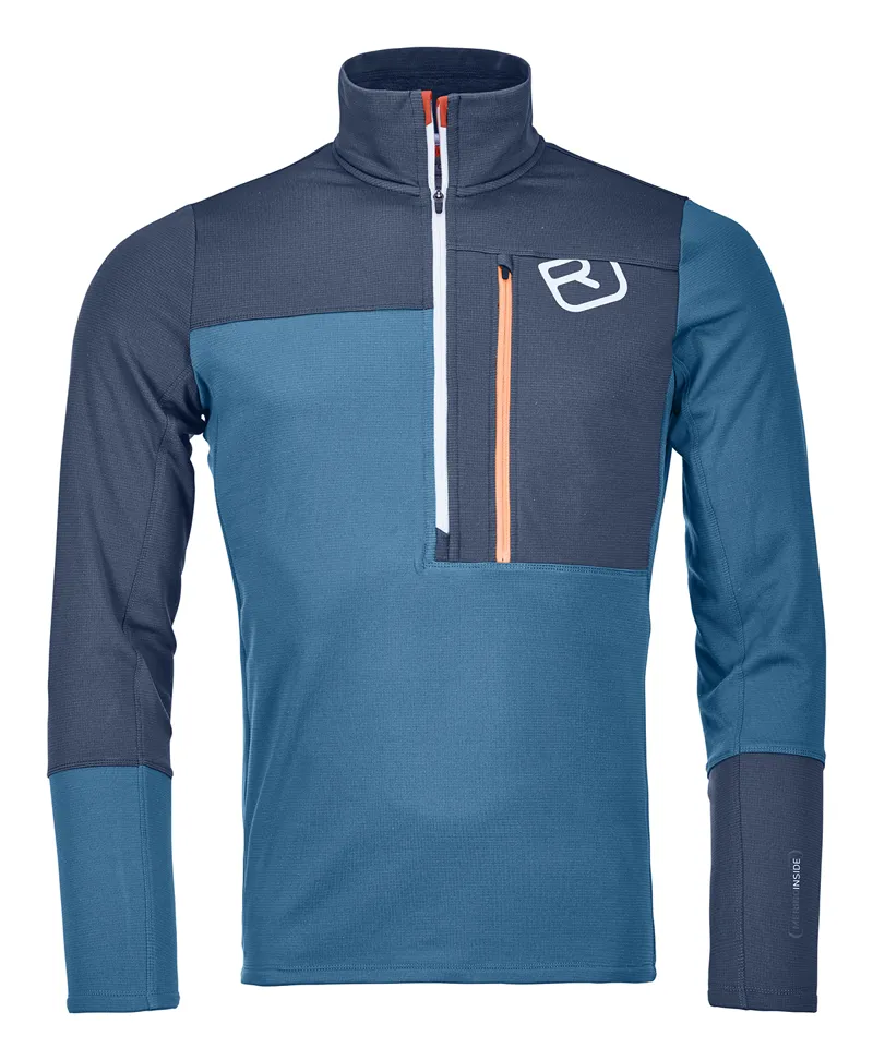 Ortovox Merino Fleece Light Mens Zip Neck in Blue Sea