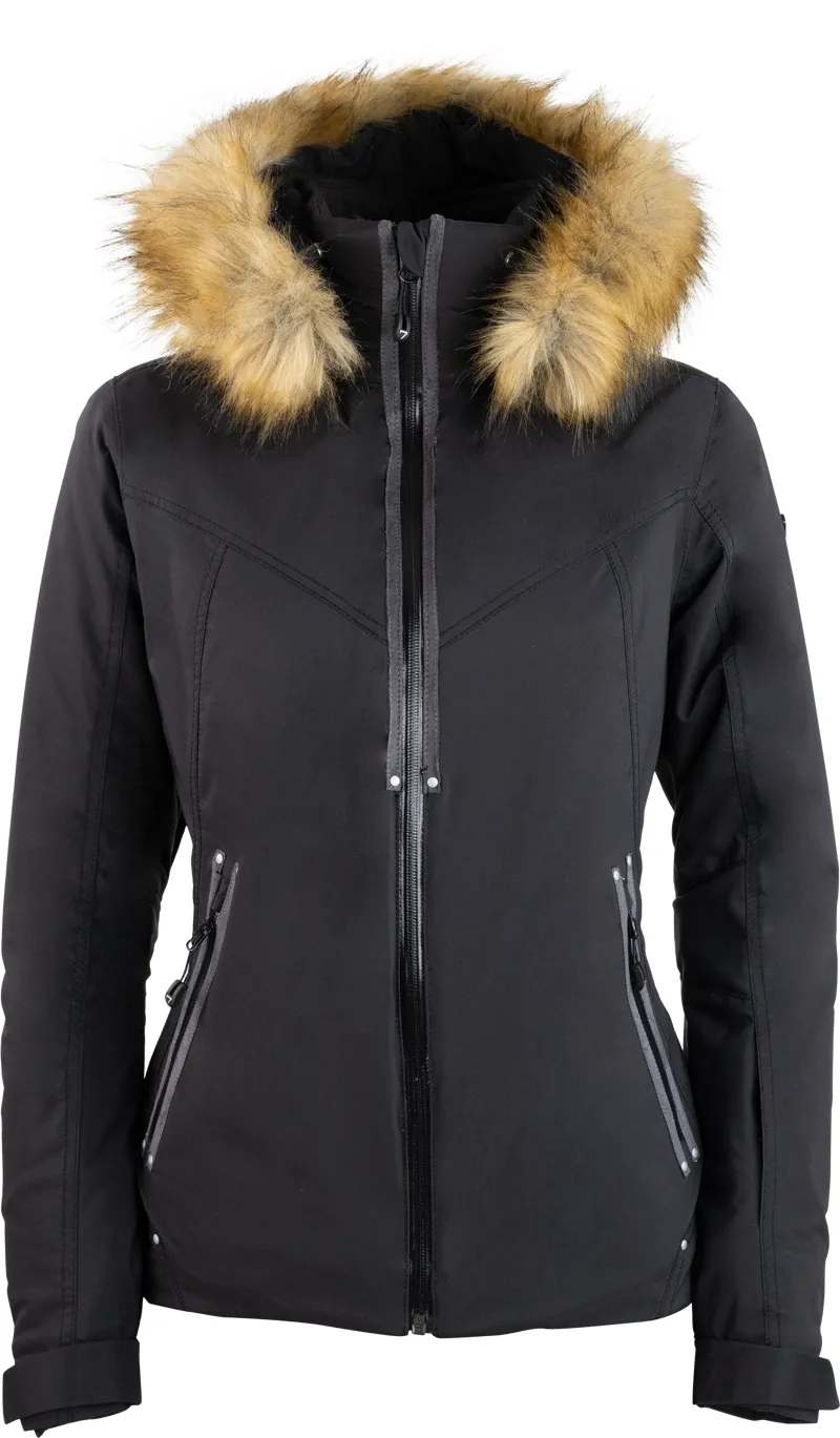 Ladies black ski top jacket with fur hood