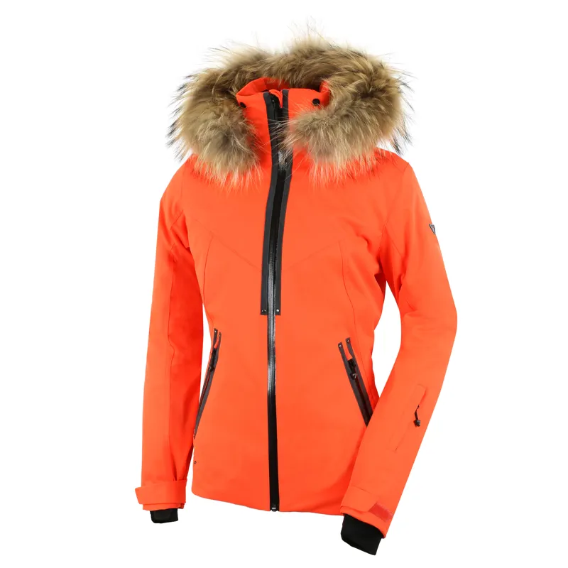 Degre 7 Geod Natural Fur Trim Womens Ski Jacket in Magma Orange