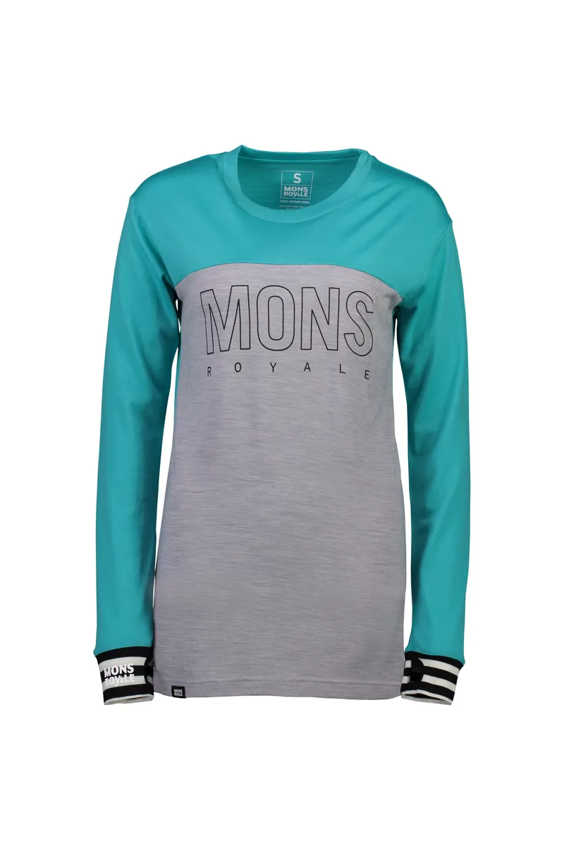 Mons Royale Yotei BF Tech LS Merino Womens Top in Grey/Turquoise