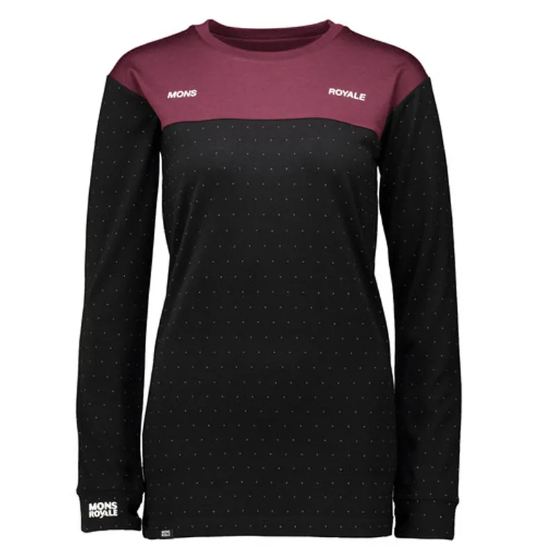 Mons Royale Boyfriend LS Womens Merino Base Layer Top In Blk/Burg